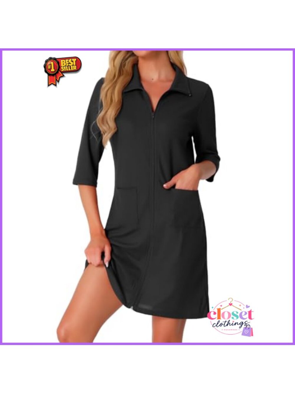 Waffle Knit Zip Up Robe 3/4 Sleeve Short Housecoat with Pockets